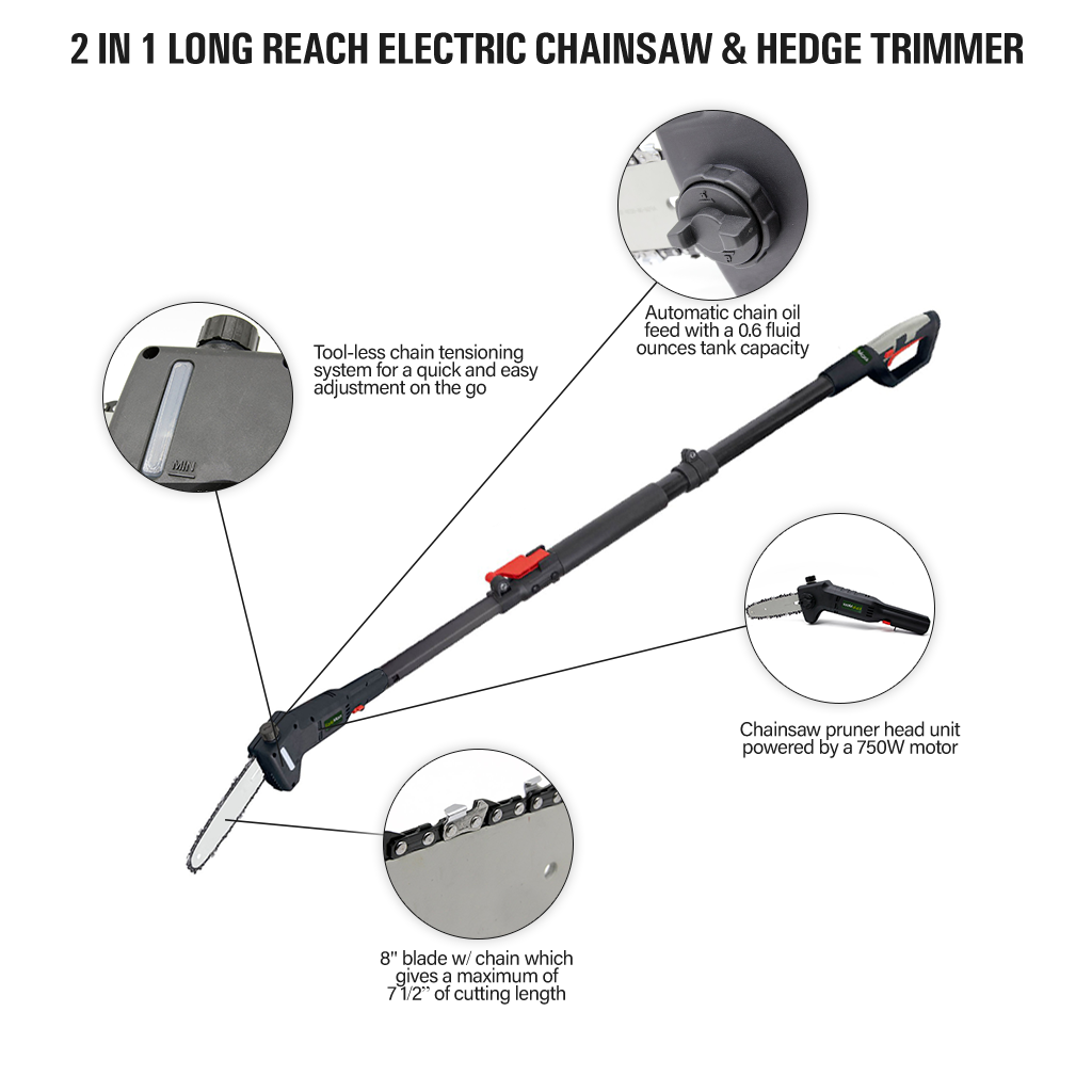 Long reach hedge online trimmer and chainsaw